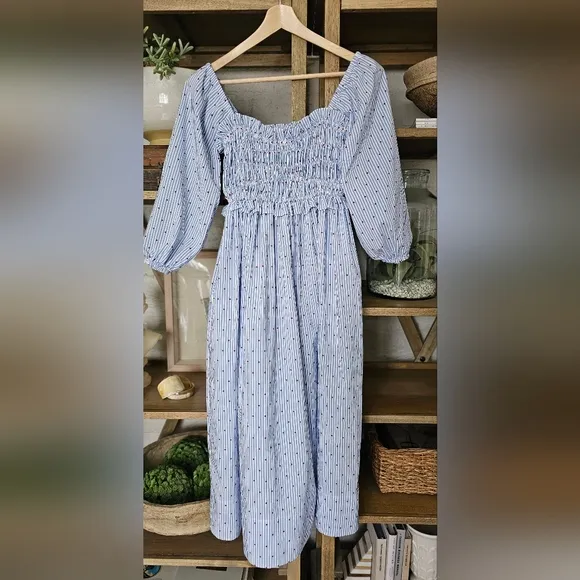 Anthropologie Maeve Smocked Off-Shoulder Midi Dress Coastal Cotton NWOT Sz XXS