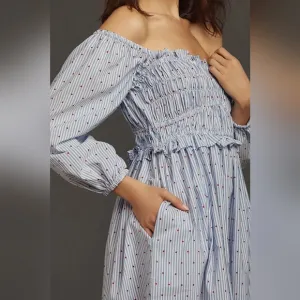 Anthropologie Maeve Smocked Off-Shoulder Midi Dress Coastal Cotton NWOT Sz XXS