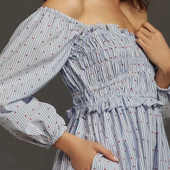 Anthropologie Maeve Smocked Off-Shoulder Midi Dress Coastal Cotton NWOT Sz XXS