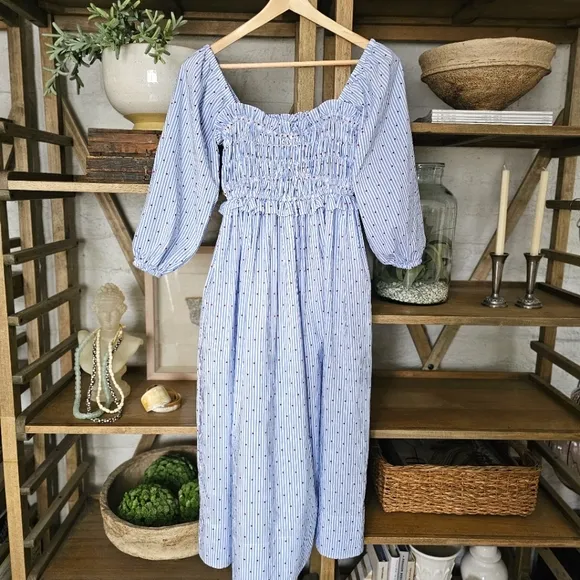 Anthropologie Maeve Smocked Off-Shoulder Midi Dress Coastal Cotton NWOT Sz XXS
