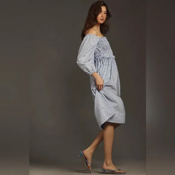 Anthropologie Maeve Smocked Off-Shoulder Midi Dress Coastal Cotton NWOT Sz XXS