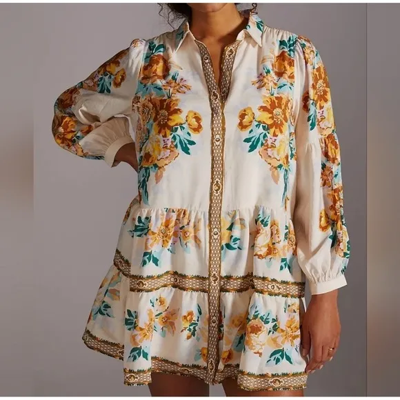 ANTHROPOLOGIE Paneled Print Mini Shirt Dress, Large