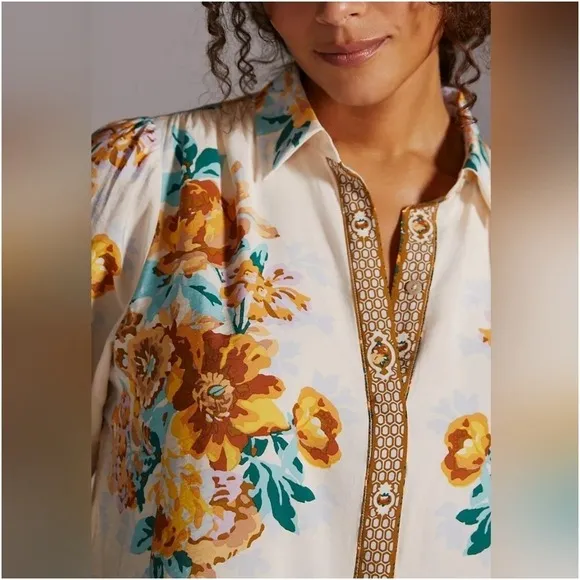 ANTHROPOLOGIE Paneled Print Mini Shirt Dress, Large