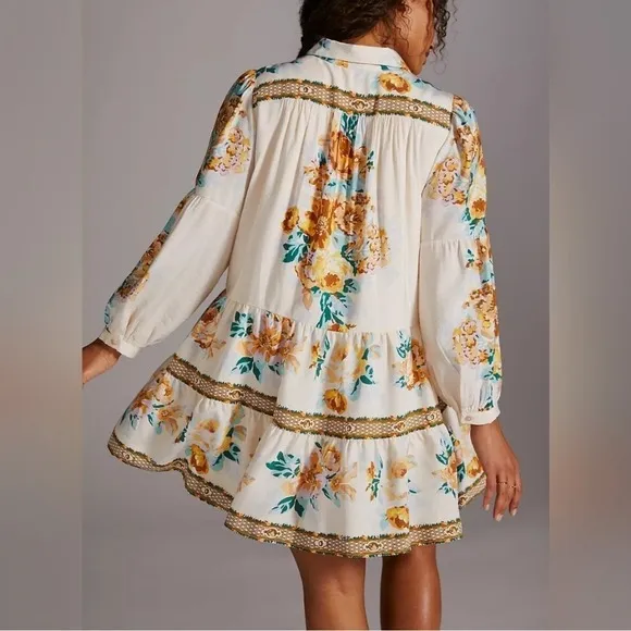 ANTHROPOLOGIE Paneled Print Mini Shirt Dress, Large