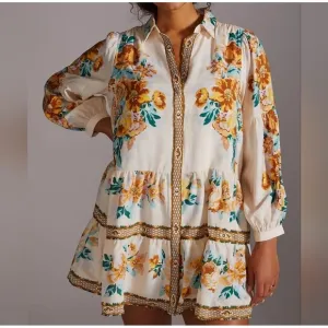 ANTHROPOLOGIE Paneled Print Mini Shirt Dress, Large