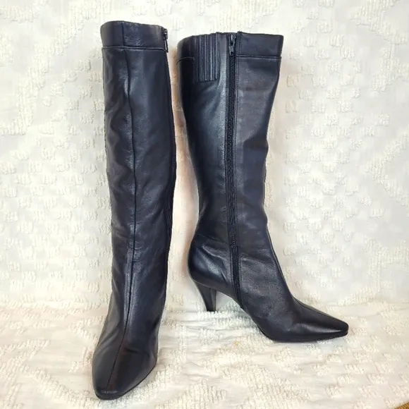 Antonio Melani tall black leather boots with pointed toe and heels classic 8