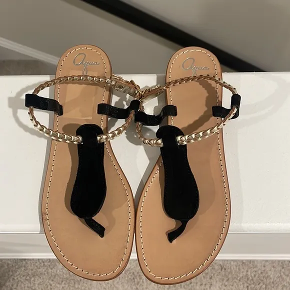 Aqua Black &amp; Gold D109 Suede Leather Thong Flat Sandals Regular (M, B)