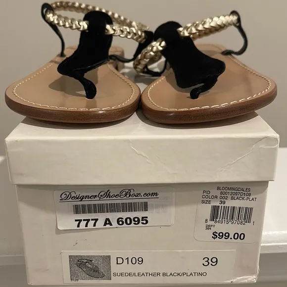 Aqua Black &amp; Gold D109 Suede Leather Thong Flat Sandals Regular (M, B)