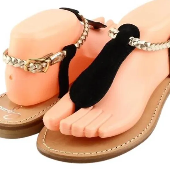 Aqua Black &amp; Gold D109 Suede Leather Thong Flat Sandals Regular (M, B)