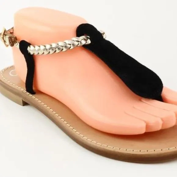 Aqua Black &amp; Gold D109 Suede Leather Thong Flat Sandals Regular (M, B)