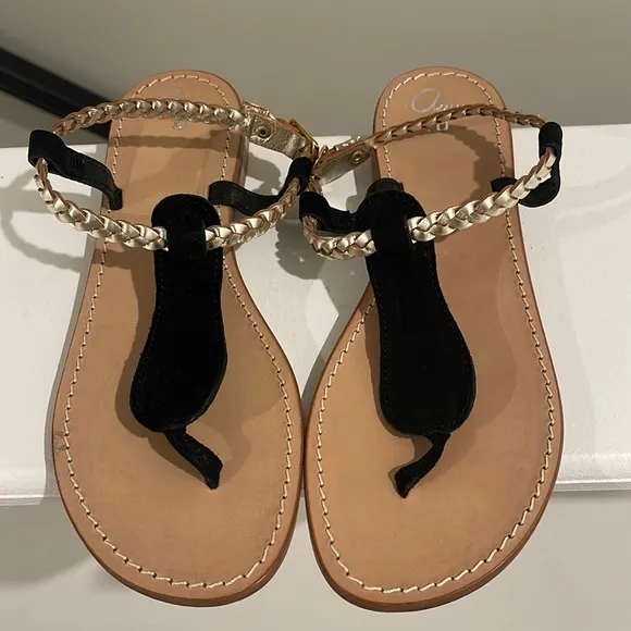 Aqua Black &amp; Gold D109 Suede Leather Thong Flat Sandals Regular (M, B)