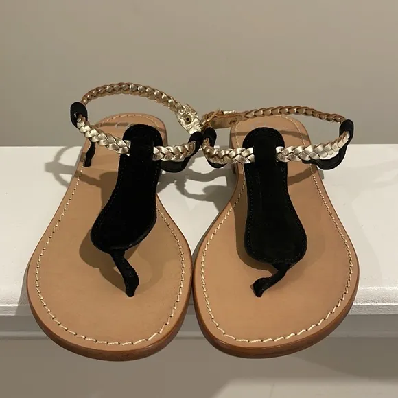 Aqua Black &amp; Gold D109 Suede Leather Thong Flat Sandals Regular (M, B)