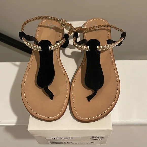 Aqua Black &amp; Gold D109 Suede Leather Thong Flat Sandals Regular (M, B)