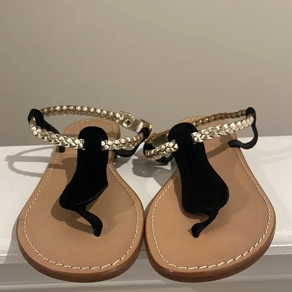 Aqua Black &amp; Gold D109 Suede Leather Thong Flat Sandals Regular (M, B)