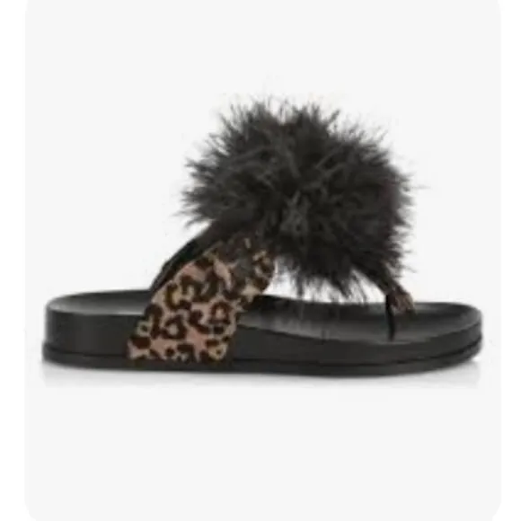 Aquazzura Boudoir Feather-Trimmed Black Animal Print Thong Sandals 7.5