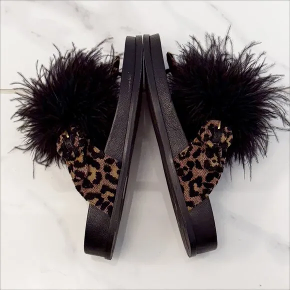 Aquazzura Boudoir Feather-Trimmed Black Animal Print Thong Sandals 7.5