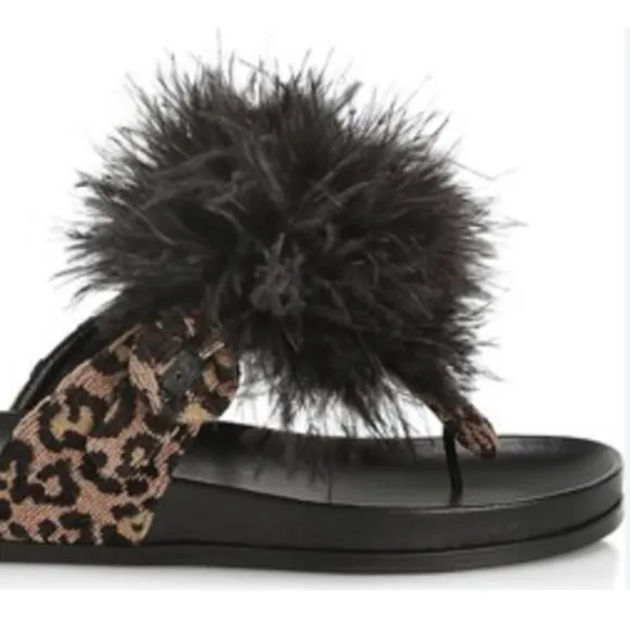 Aquazzura Boudoir Feather-Trimmed Black Animal Print Thong Sandals 7.5