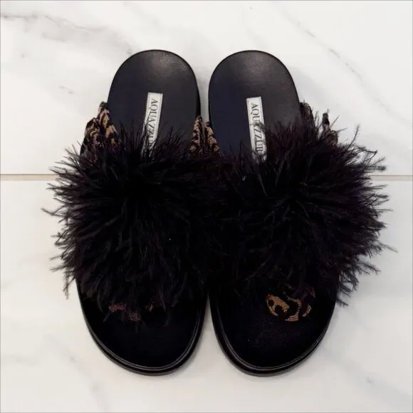 Aquazzura Boudoir Feather-Trimmed Black Animal Print Thong Sandals 7.5