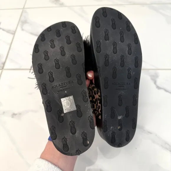 Aquazzura Boudoir Feather-Trimmed Black Animal Print Thong Sandals 7.5