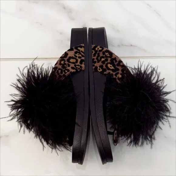 Aquazzura Boudoir Feather-Trimmed Black Animal Print Thong Sandals 7.5