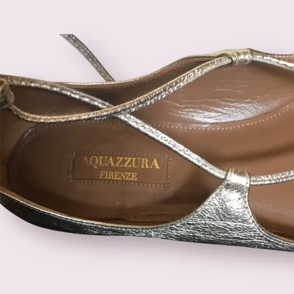 Aquazzura Gold Leather Christy Ankle Wrap Ballet Flats