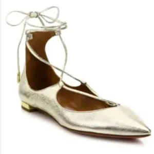 Aquazzura Gold Leather Christy Ankle Wrap Ballet Flats