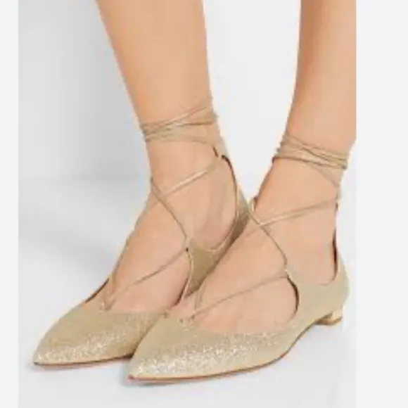 Aquazzura Gold Leather Christy Ankle Wrap Ballet Flats