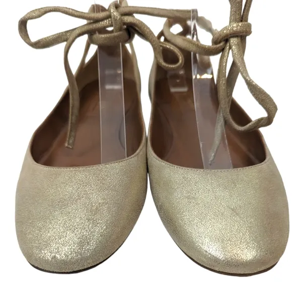 Aquazzura Leather Lace Up Ballet Flats Shoes Womens 39 Gold Designer Luxury