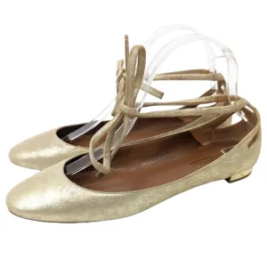 Aquazzura Leather Lace Up Ballet Flats Shoes Womens 39 Gold Designer Luxury
