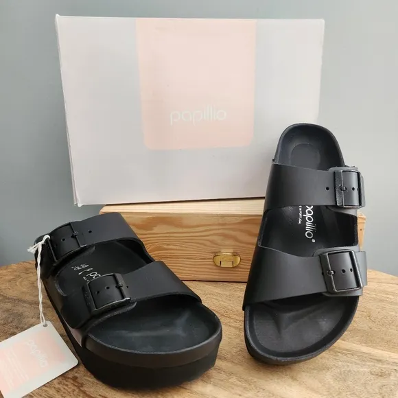 Arizona Papillio Black Buckle Platform Sandals Birkenstock Size 9 (40) NWT