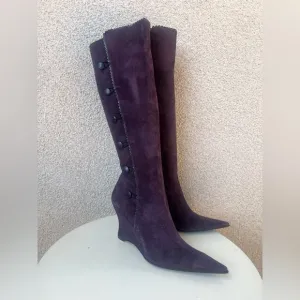 Avante-garde purple wedge heel boots suede pointed toe Sz 40 9 by Adam Milano.