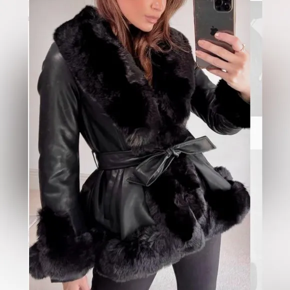 Azalea Wang x Shop Akira black faux fur leather peplum structured belted coat