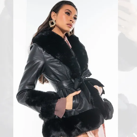 Azalea Wang x Shop Akira black faux fur leather peplum structured belted coat