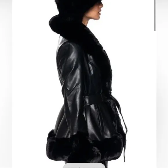 Azalea Wang x Shop Akira black faux fur leather peplum structured belted coat