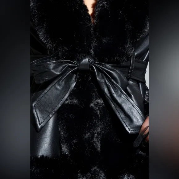 Azalea Wang x Shop Akira black faux fur leather peplum structured belted coat
