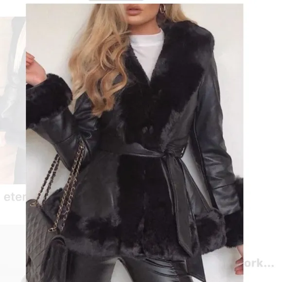 Azalea Wang x Shop Akira black faux fur leather peplum structured belted coat