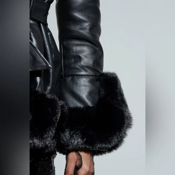 Azalea Wang x Shop Akira black faux fur leather peplum structured belted coat