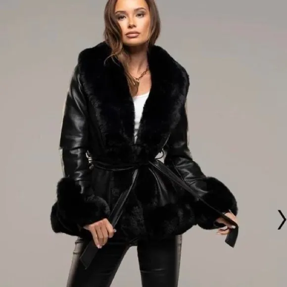 Azalea Wang x Shop Akira black faux fur leather peplum structured belted coat