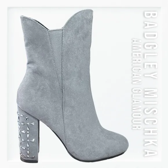 Badgley Mischka Grey Seude Embellished Heeled Ankle Boots sz 7