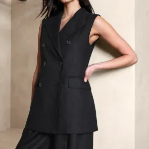 Banana Republic Palma Linen Long Blazer Vest 16 Black Neutral Suit Lined Plus