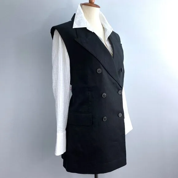 Banana Republic Palma Linen Long Blazer Vest 16 Black Neutral Suit Lined Plus