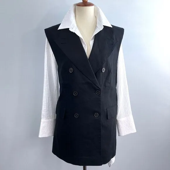 Banana Republic Palma Linen Long Blazer Vest 16 Black Neutral Suit Lined Plus