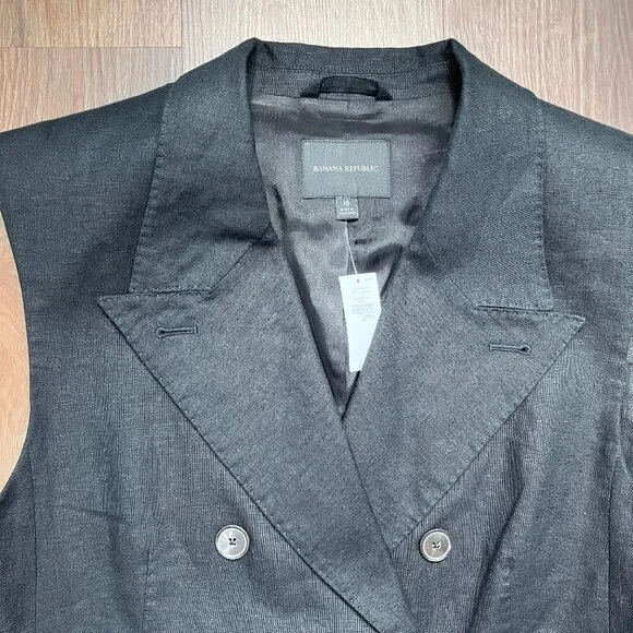 Banana Republic Palma Linen Long Blazer Vest 16 Black Neutral Suit Lined Plus