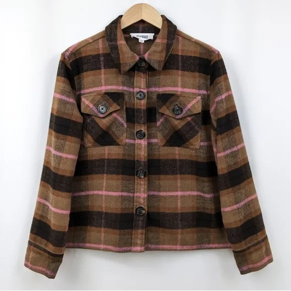 BB Dakota Steve Madden Boxy Plaid Shacket Fleece Jacket Button Front Brown M