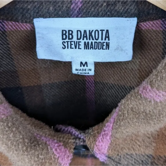 BB Dakota Steve Madden Boxy Plaid Shacket Fleece Jacket Button Front Brown M