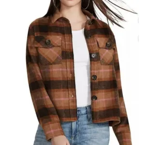 BB Dakota Steve Madden Boxy Plaid Shacket Fleece Jacket Button Front Brown M