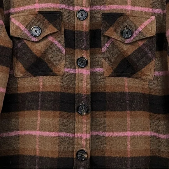 BB Dakota Steve Madden Boxy Plaid Shacket Fleece Jacket Button Front Brown M