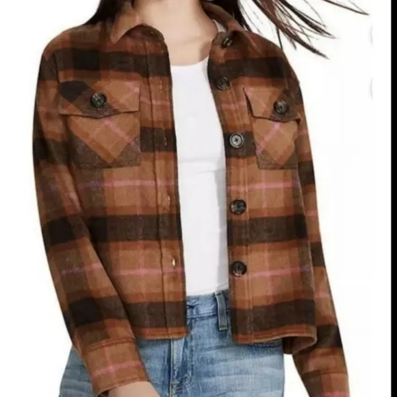 BB Dakota Steve Madden Boxy Plaid Shacket Fleece Jacket Button Front Brown M