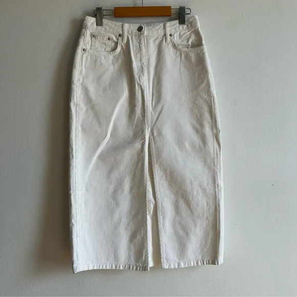 BDG Sz M White Denim Front Slit Midi Skirt