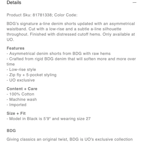 BDG urban outfitters asymmetrical a-line cutoff denim shorts